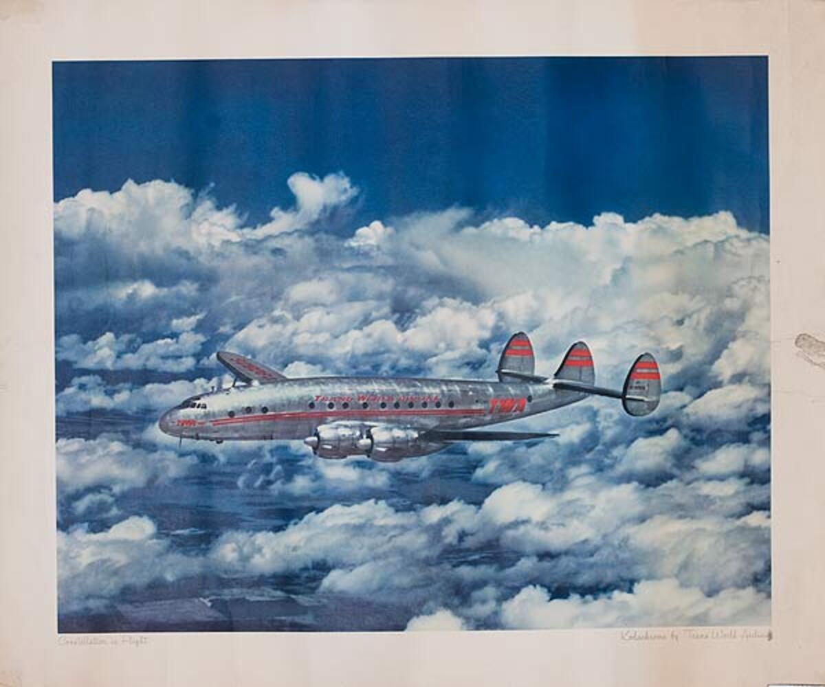 TWA Original Vintage Travel Poster Constellation in flight