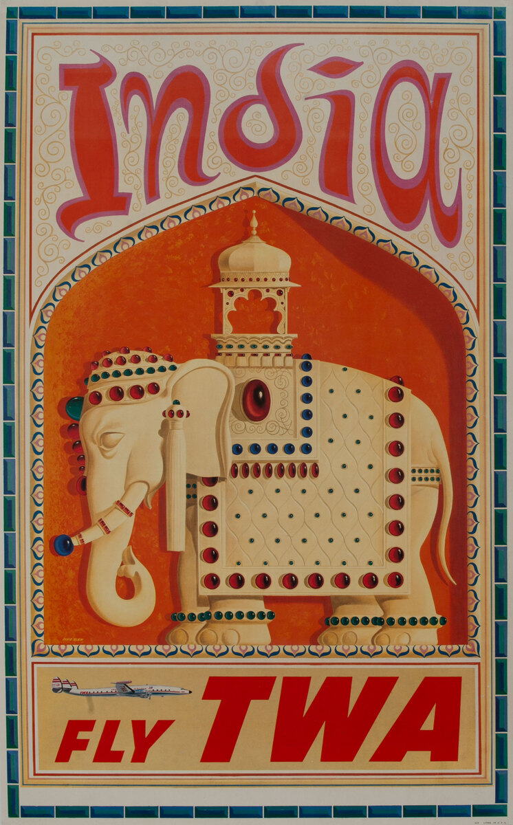 India Fly TWA Original Travel Poster Elephant, Constellation