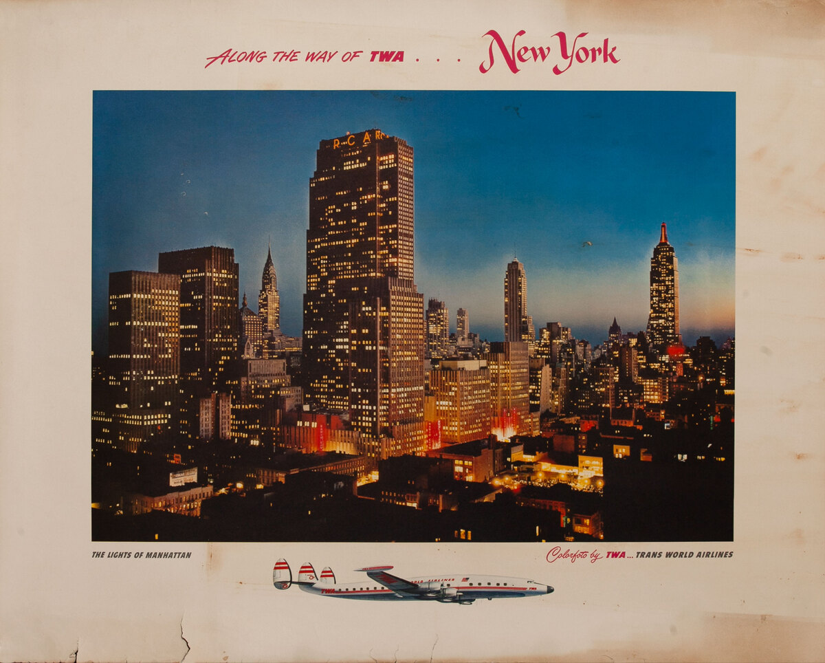 TWA New York City Travel Poster Skyline at Night Photo with Constellation