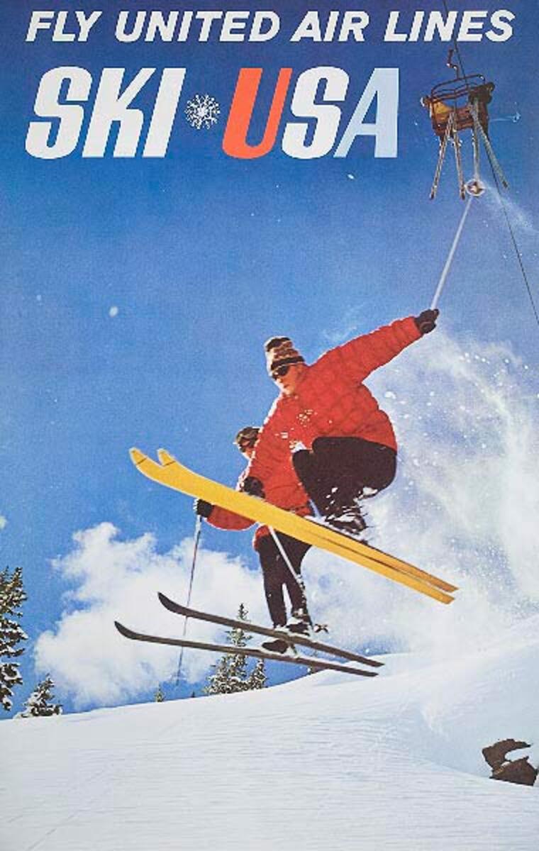 Fly United Airlines Ski USA Original Ski Travel Poster