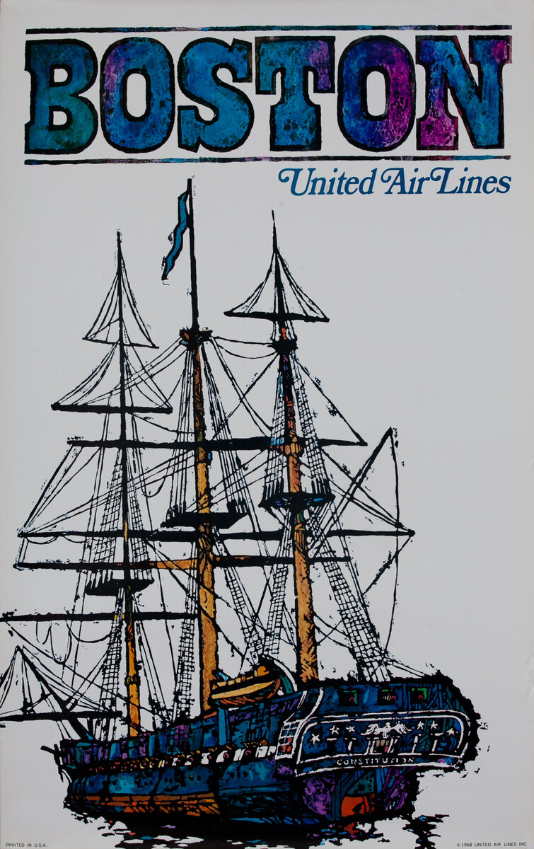 United Airlines Boston Tall Ship Original Advertising Travel Poster