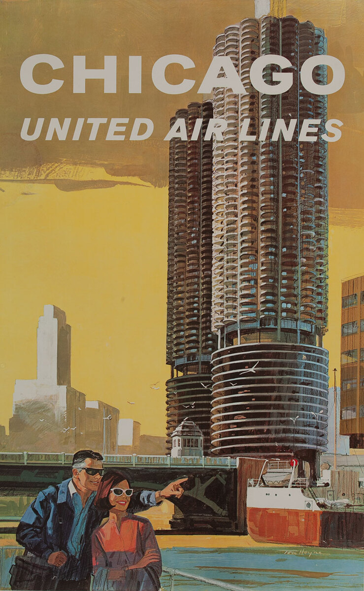 United Airlines Travel Poster, Chicago Marina Towers