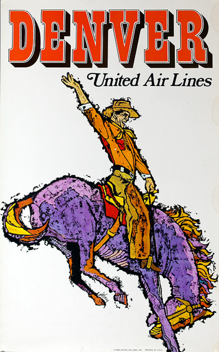 United Airlines Denver Bronco Rider Original Advertising Travel Poster