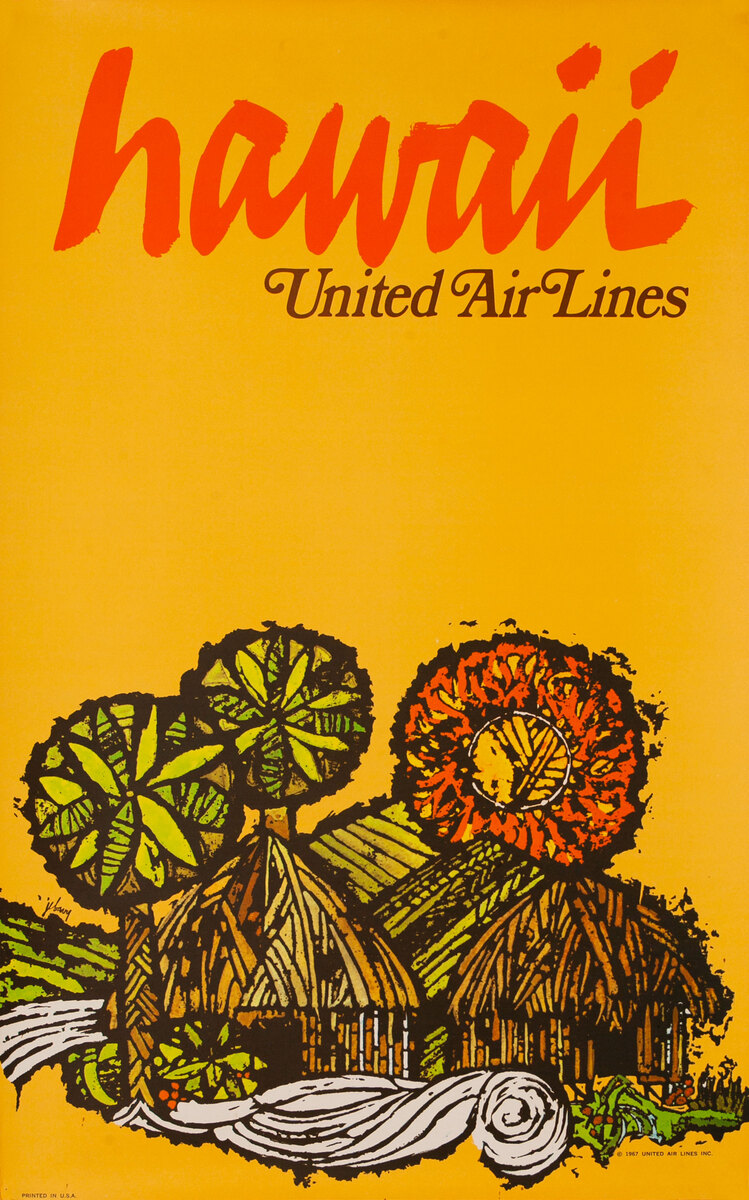 United Airlines Original Vintage Travel Poster Hawaii Huts