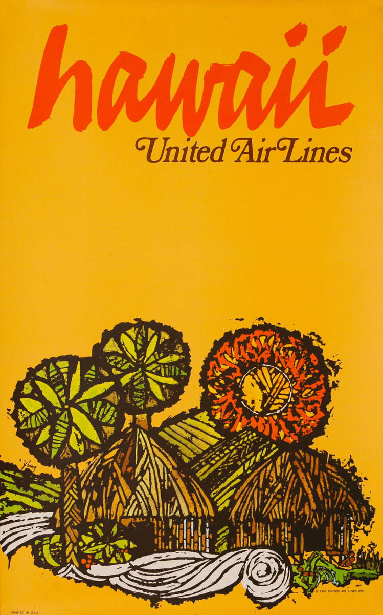 United Airlines Original Travel Poster Hawaii Huts