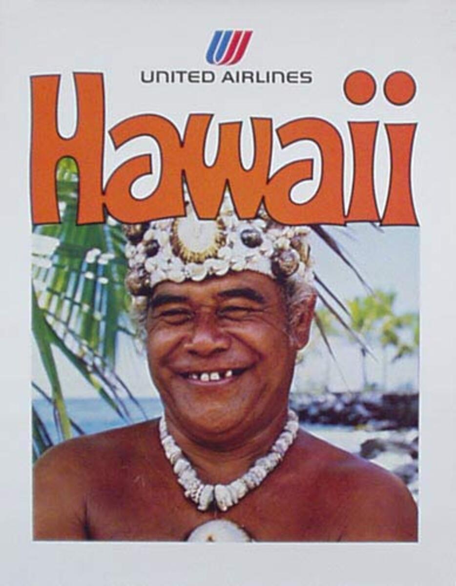 United Air Lines Original Travel Poster Hawaii native man