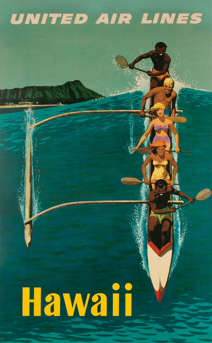 United Airlines Original Travel Poster Hawaii Galli Outrigger