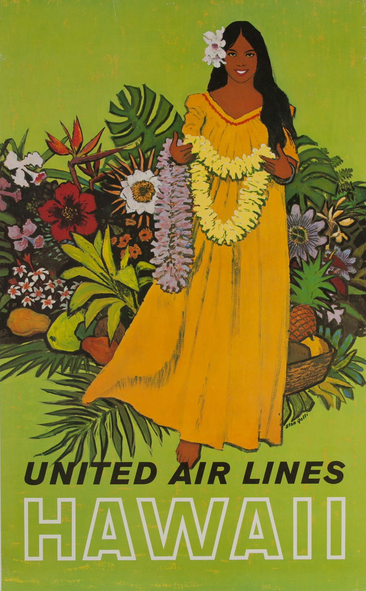United Air Lines Original Hawaii  Travel Poster Woman with Lei