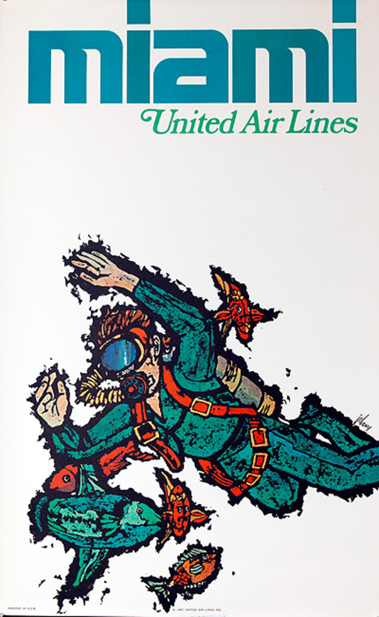 United Airlines Original Florida Travel Poster Miami Scuba Diver