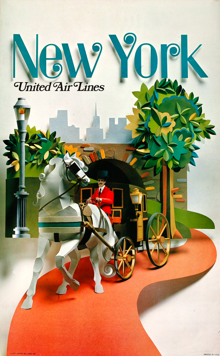 United Airlines Original Travel Poster New York hansom cap (cut paper)