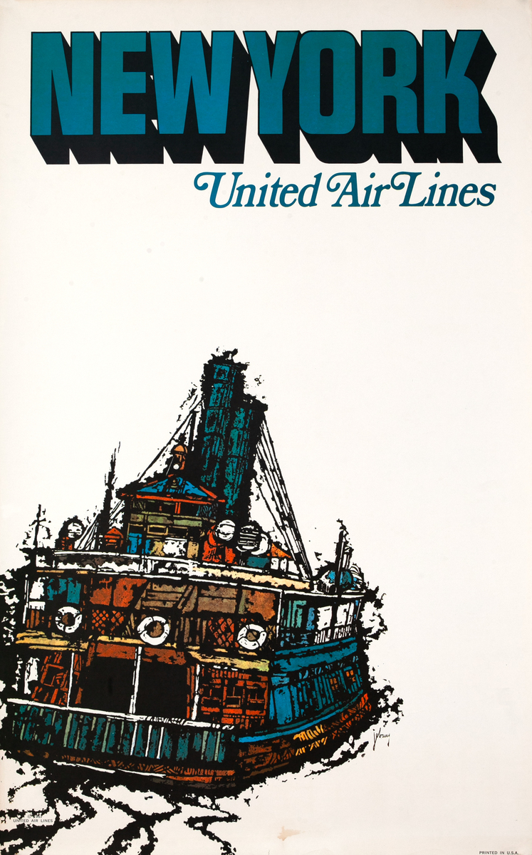 New York - United Airlines Original Travel Poster - Staten Island Ferry 