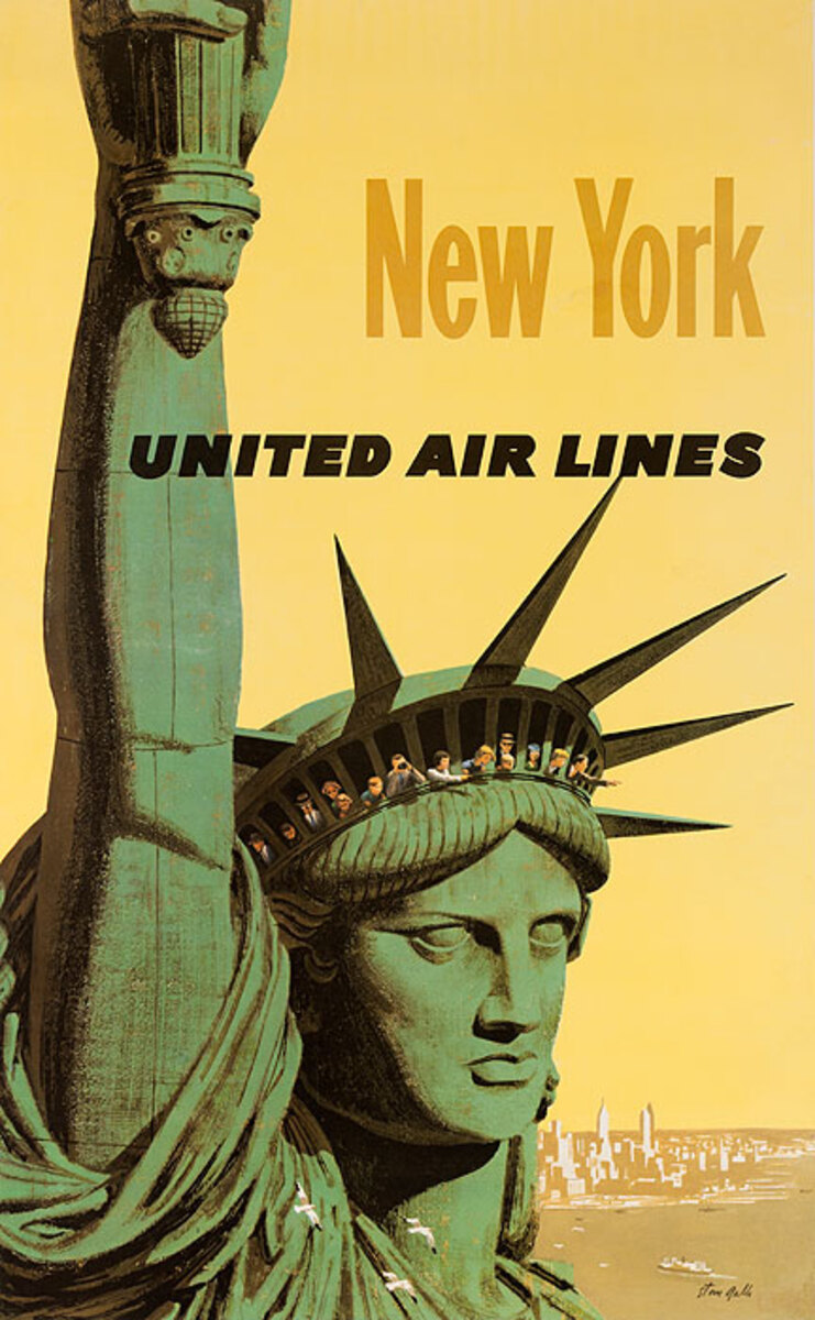 United Airlines Original Vintage Travel Poster New York Statue of Liberty