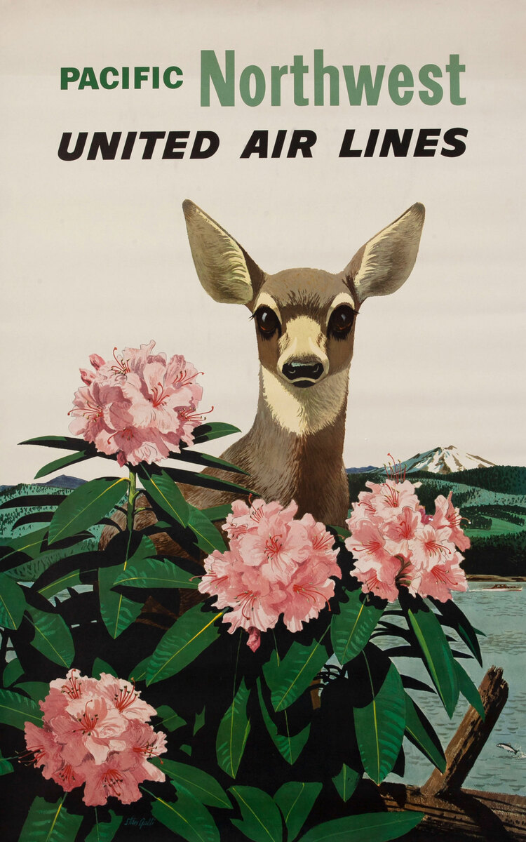 United Air Lines Travel Poster, Pacific Northwest Deer