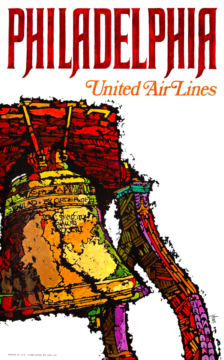 United Airlines Original Vintage Travel Poster Philadelphia Bell