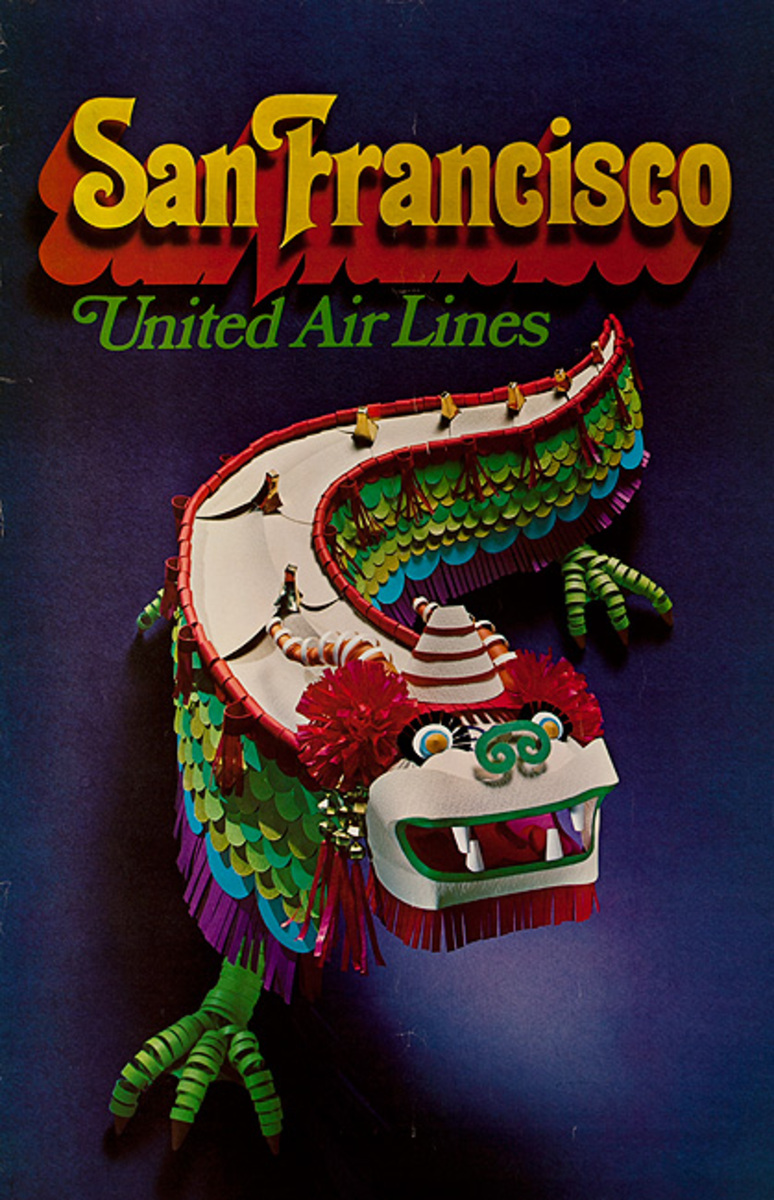 United Air Lines Original San Francisco Travel Poster Chinese Dragon