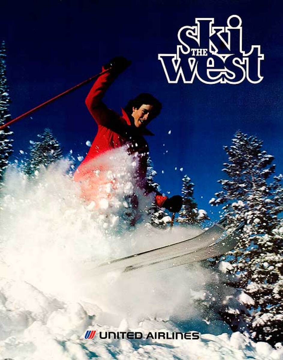 Ski The West Original United Airlines Travel Poster man in red