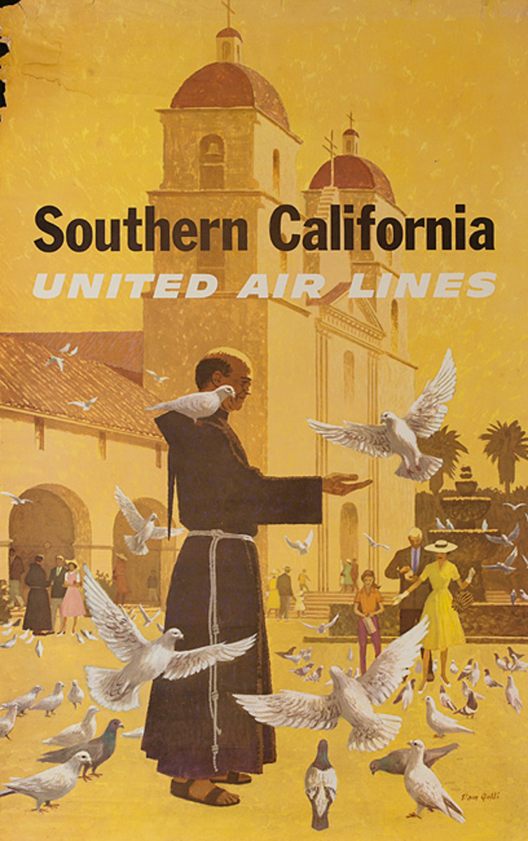 United Airlines Original Travel Poster Southern California Mission monk