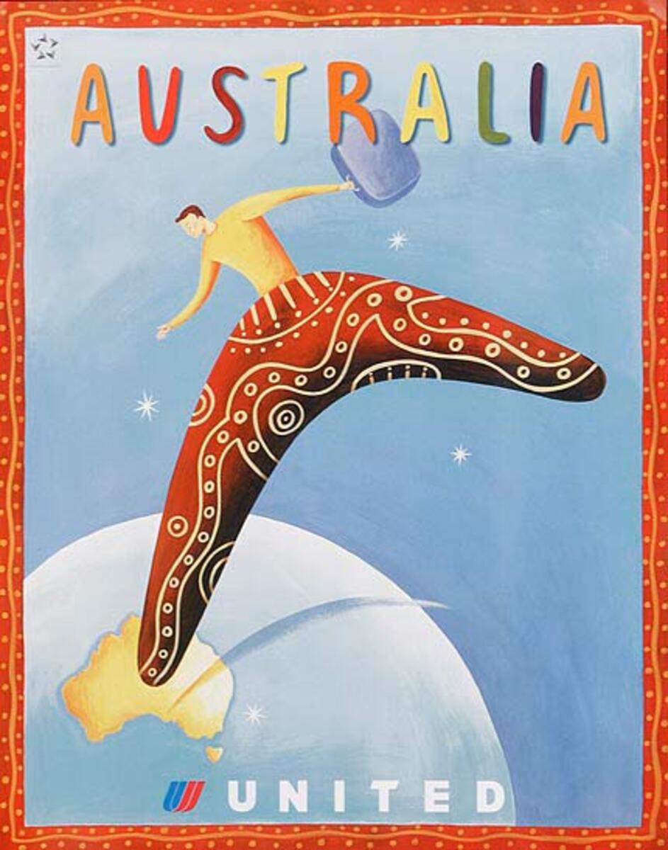 United Air Lines Australia Original Travel Poster Boomerang