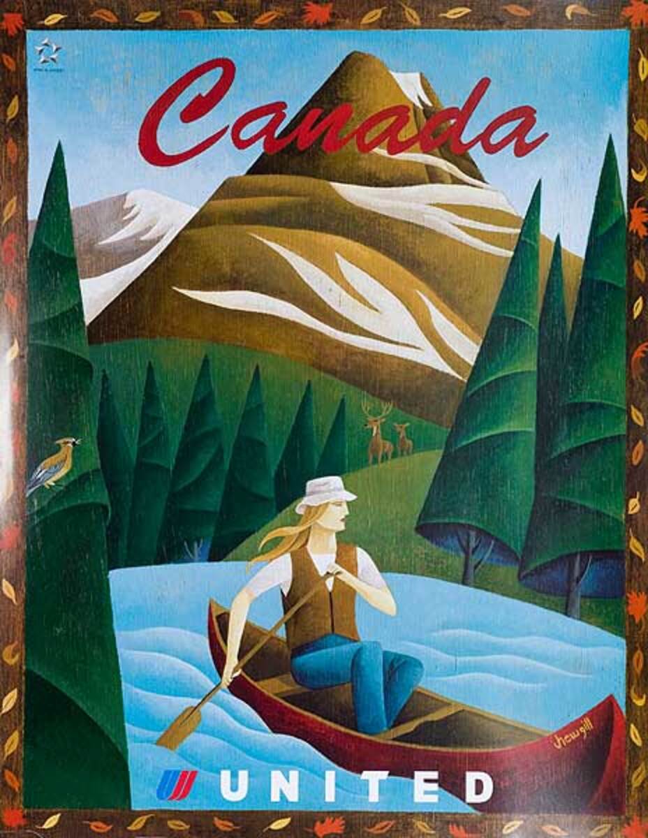 Original United Airlines Travel Poster Canada Woman in Canoe