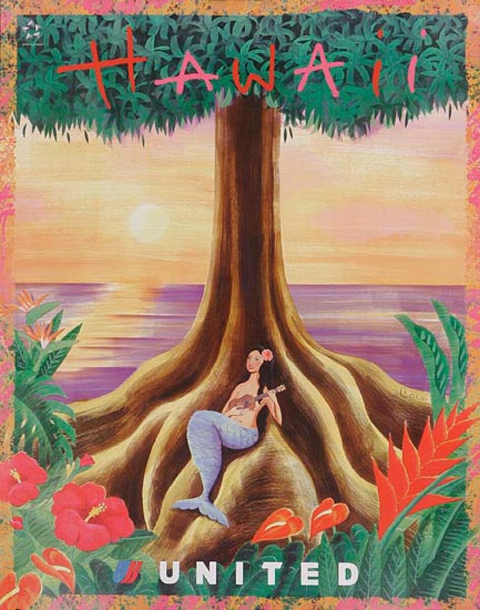 United Air Lines Hawaii Original Travel Poster  Mermaid under tree