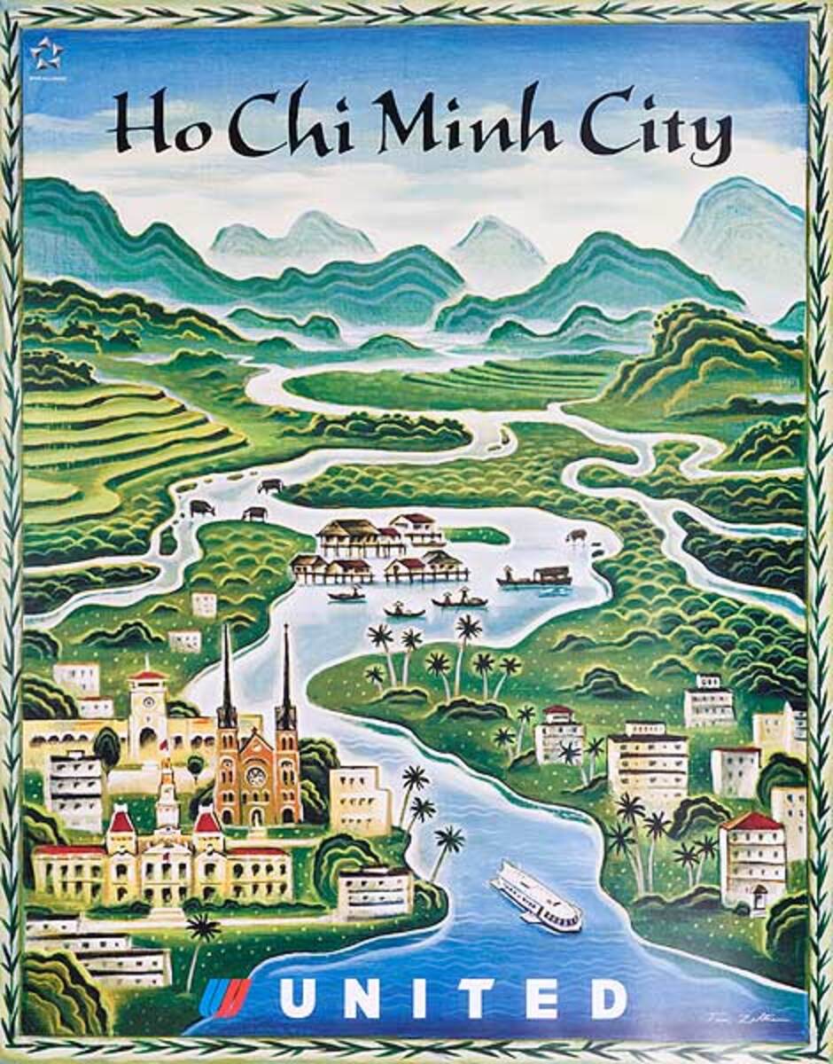 Original United Airlines Travel Poster Ho Chi Min City Vietnam