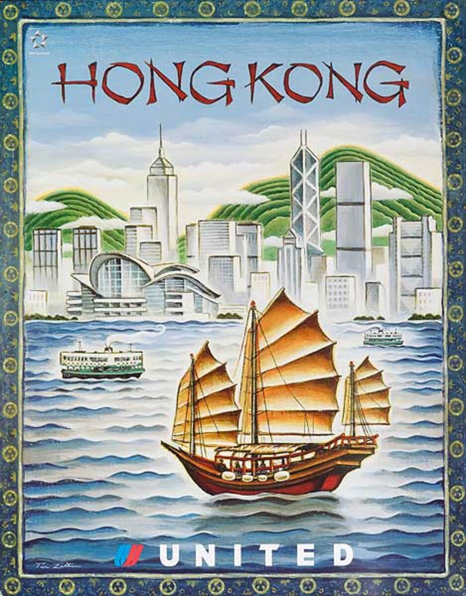 Original United Airlines Travel Poster Hong Kong