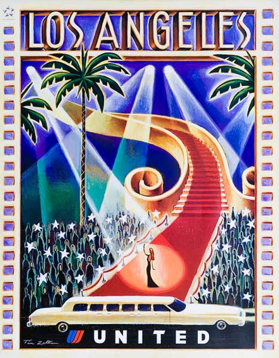 Original United Airlines Travel Poster Los Angeles Red Carpet