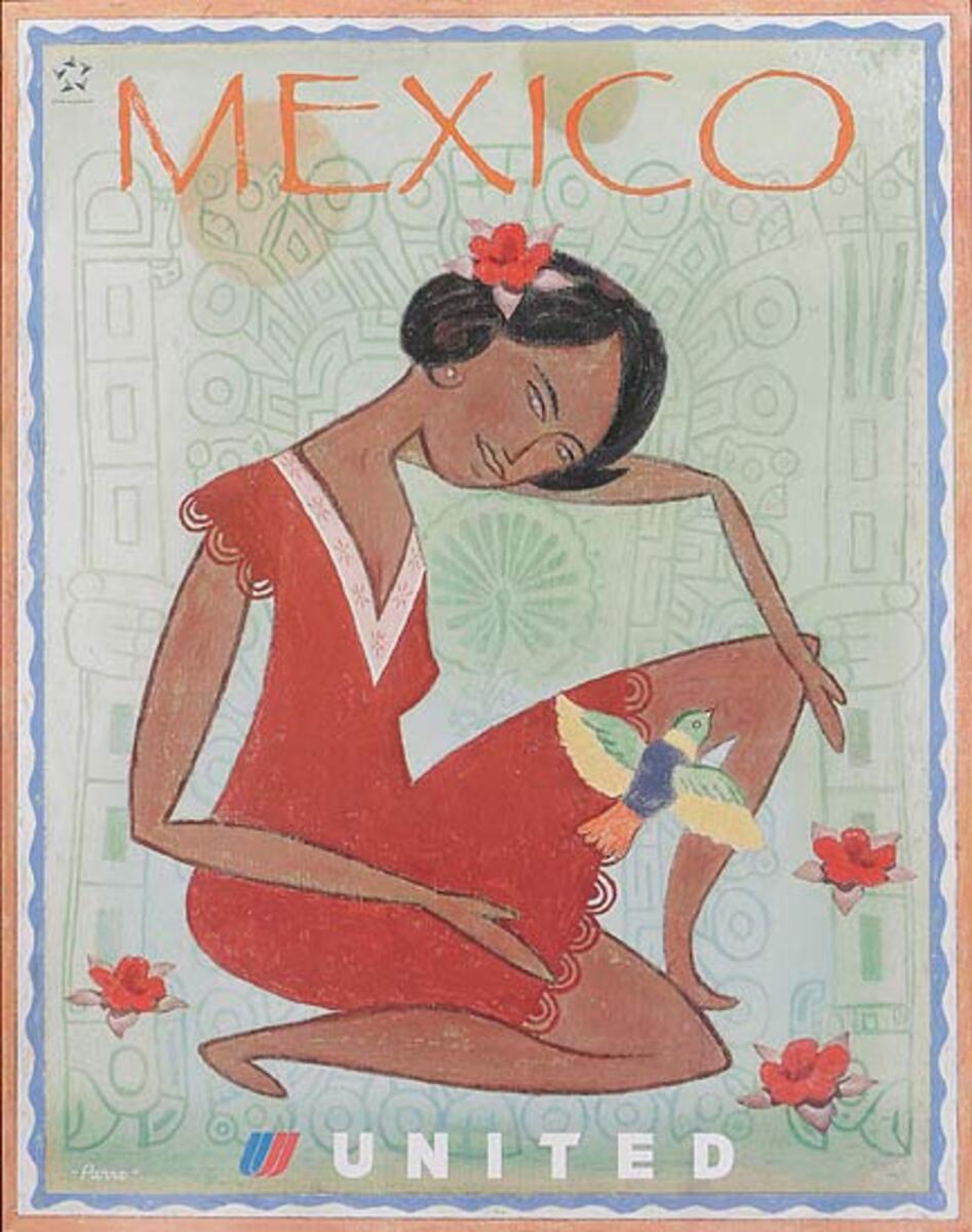 United Air Lines Mexico Original Travel Poster girl with bird