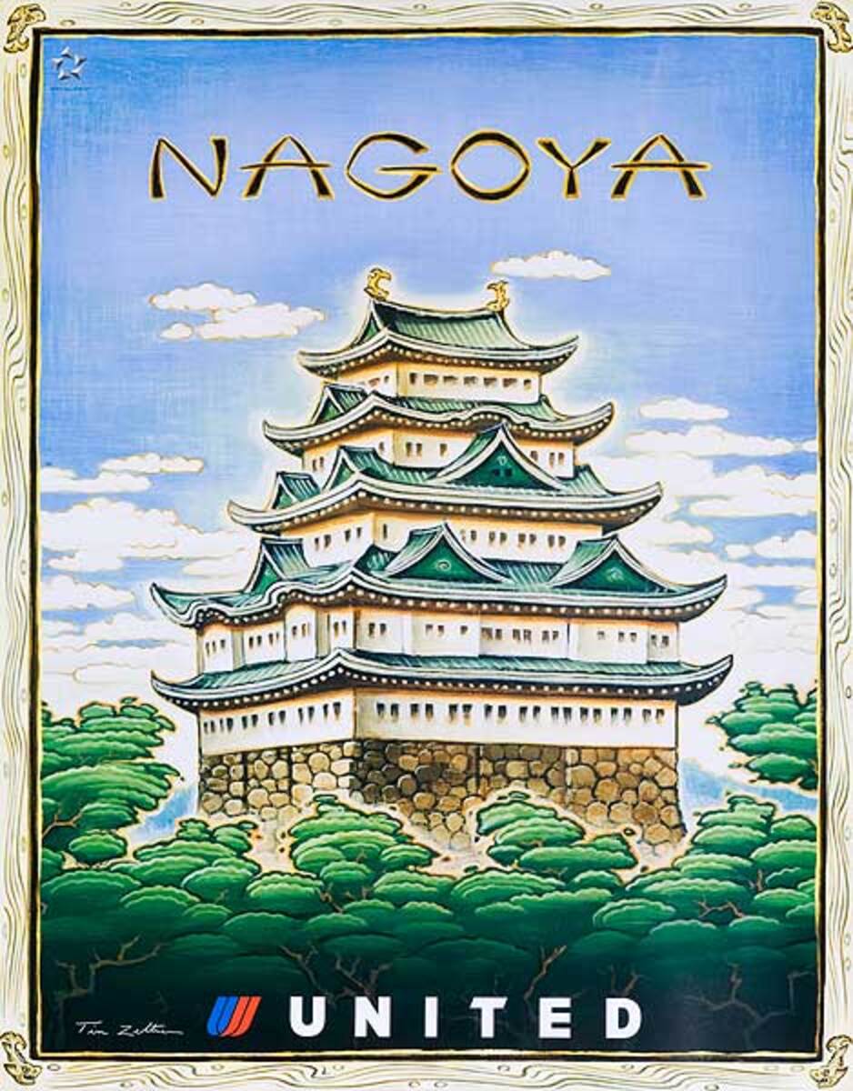 Original United Airlines Travel Poster Nagoya Japan
