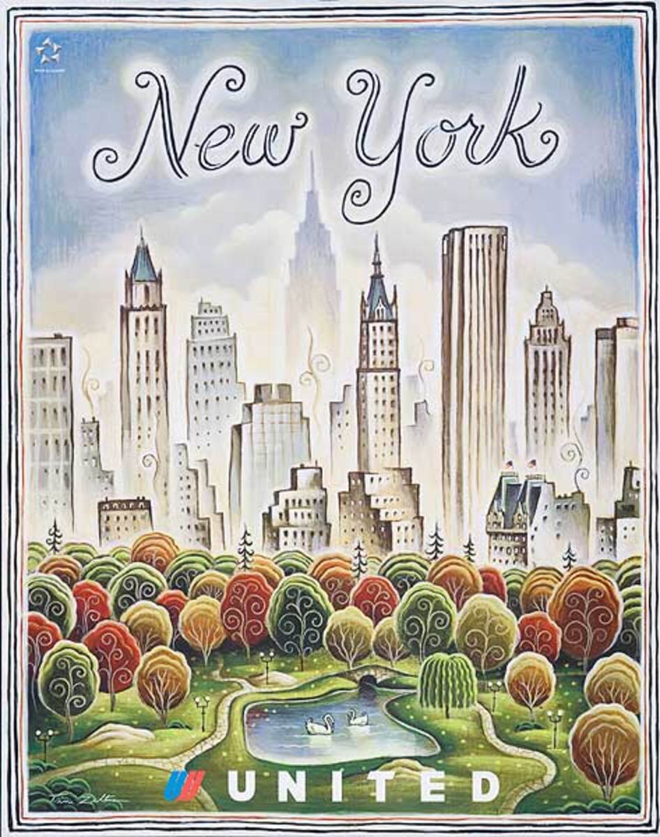 Original United Airlines Travel Poster New York Central Park