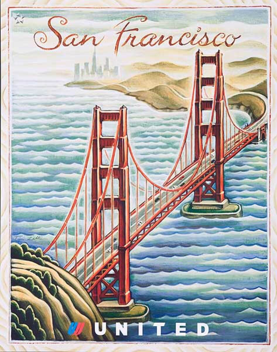 Original United Airlines Travel Poster San Francisco Bridge