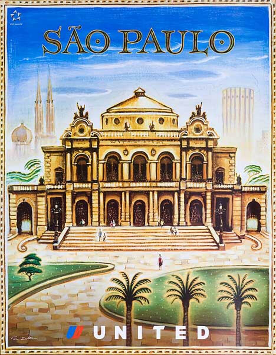 Original United Airlines Travel Poster Sao Paolo Brazil