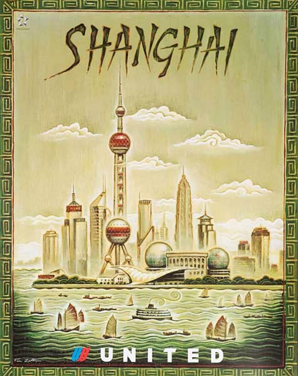 Original United Airlines Travel Poster Shanghai China