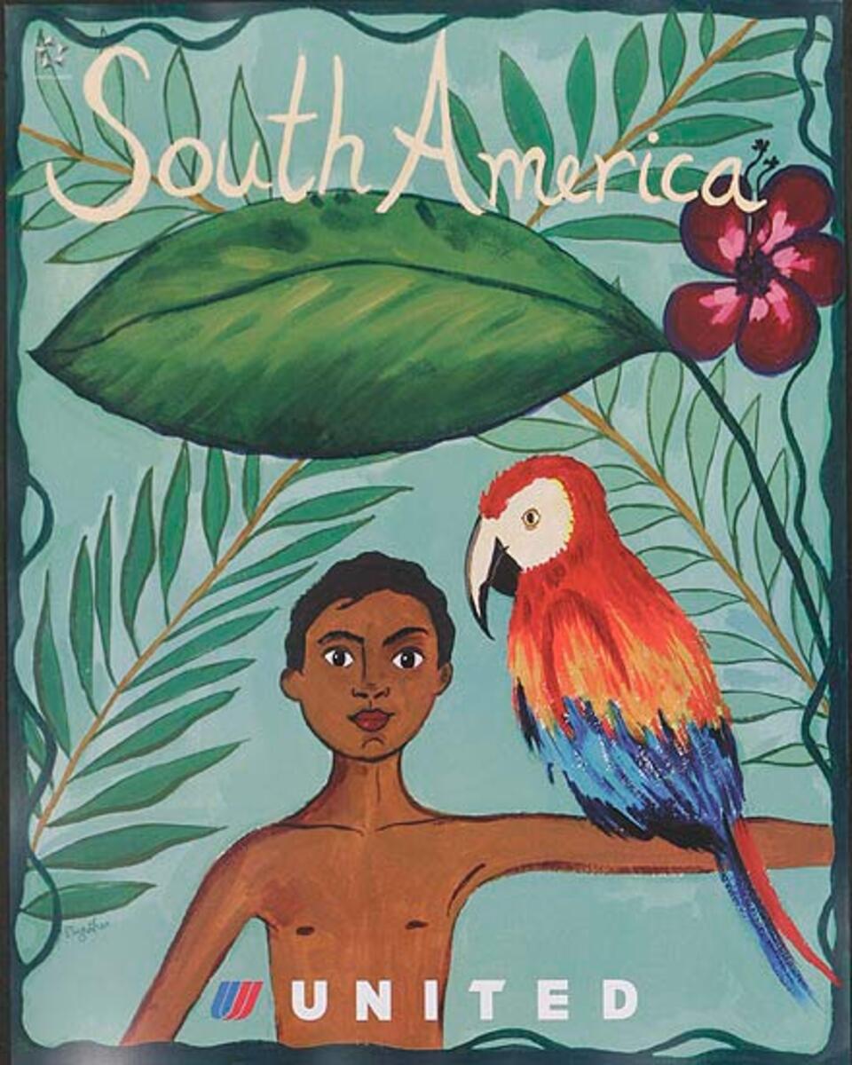 United Air Lines South America Original Travel Poster boy with parrot