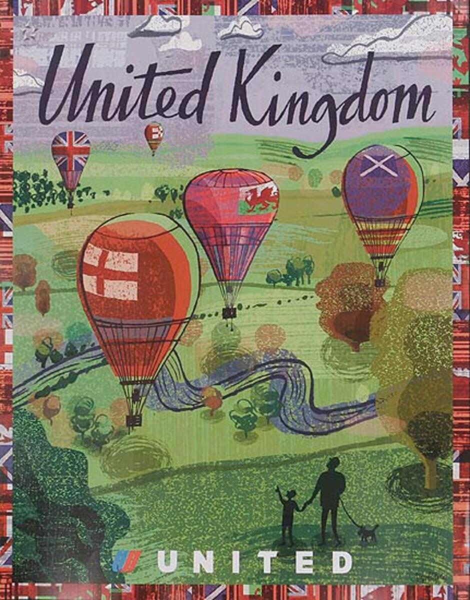United Air Lines United Kingdom Original Travel Poster Hot Air Balloons