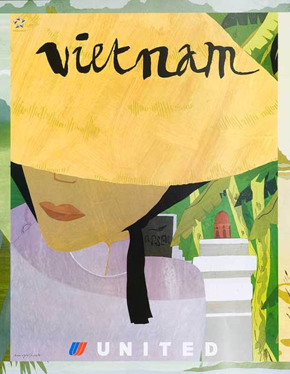 Original United Airlines Travel Poster Vietnam Woman in Yellow Hat