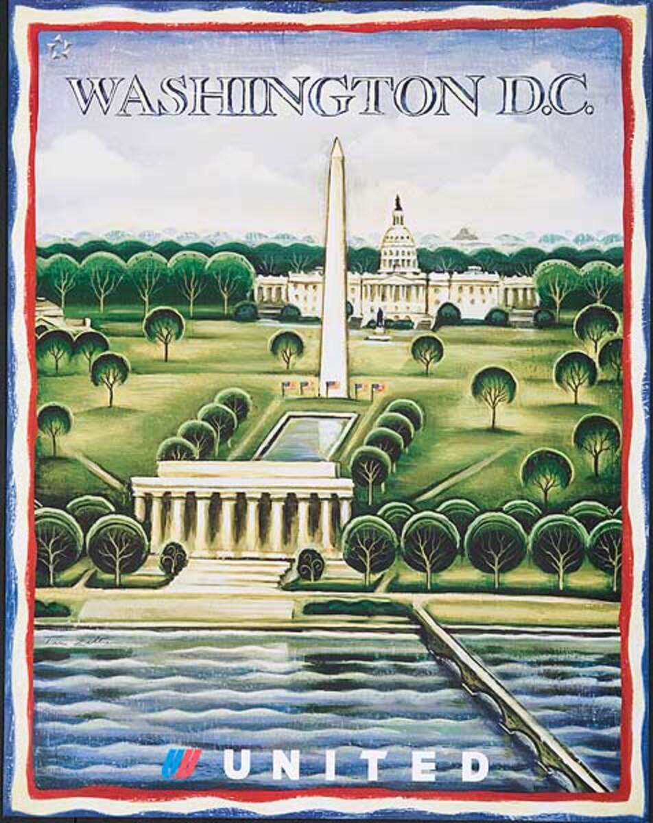 Original United Airlines Travel Poster Washington DC Potomac to Capitol