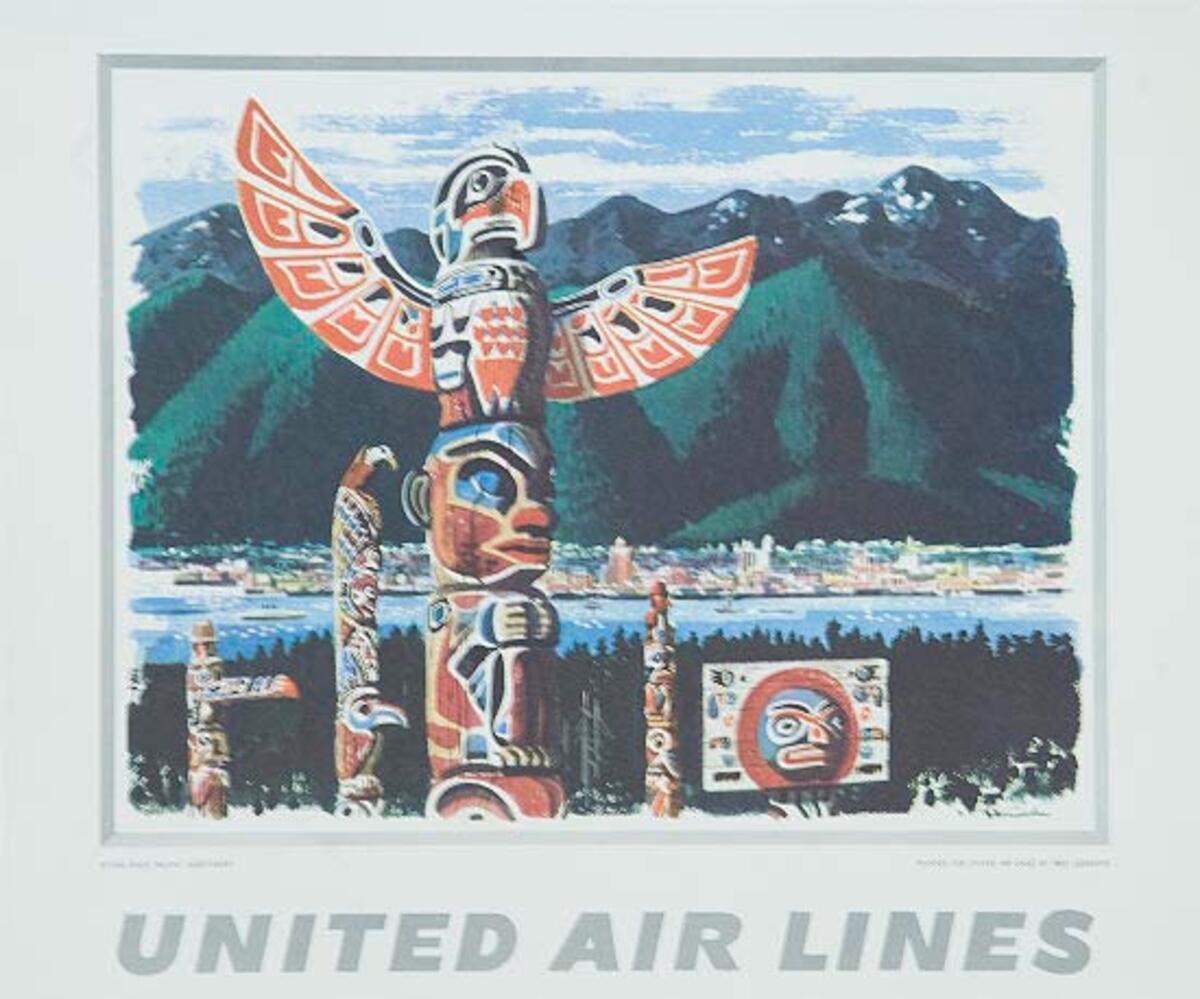 United Air Lines small original Travel Poster Totem poles