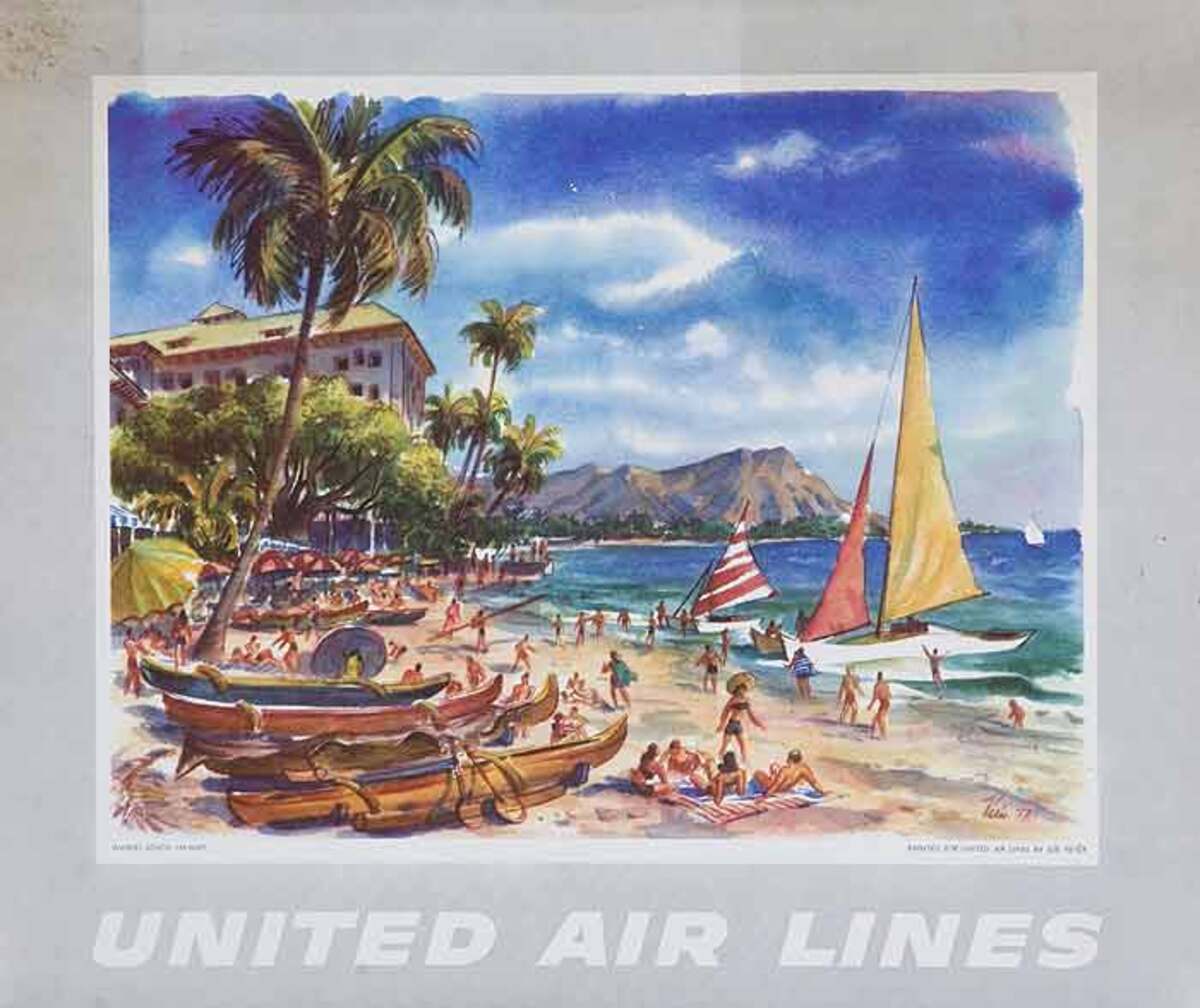 Waikiki Beach Hawaii  United Air Lines Original Travel Poster