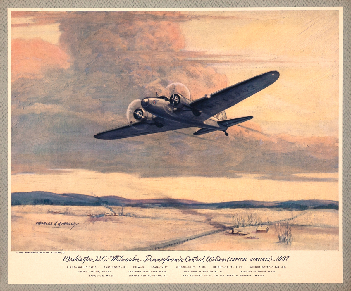 Vintgage Aviation Print Washington D.C. Milwaukee Capitol Airlines 1937