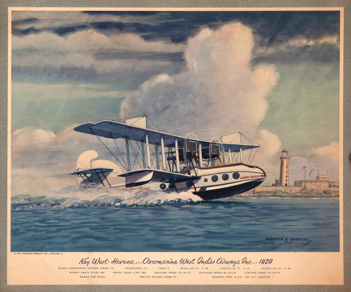 Vintgage Aviation Print Key West Havana Aeromarine West Indies Airways 1920