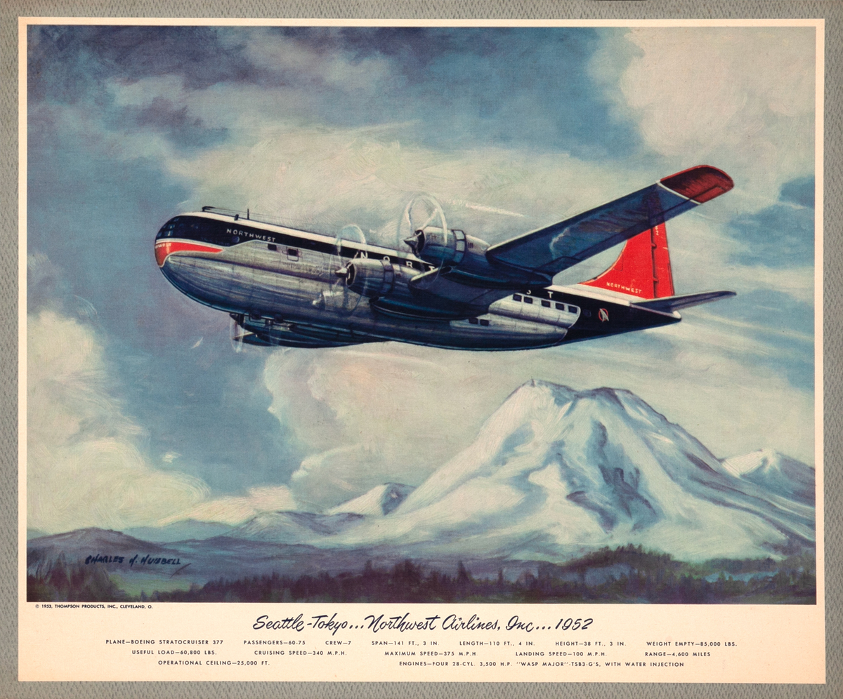 Vintage Aviation Print Seattle - Tokyo...Northwest Airlines, Inc...1952