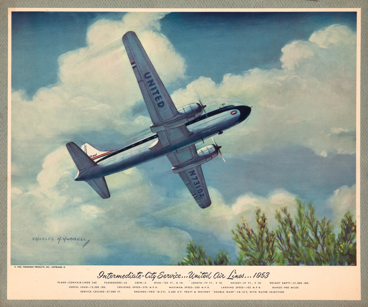 Vintgage Aviation Print Intermediate City Service United Air Lines 1953