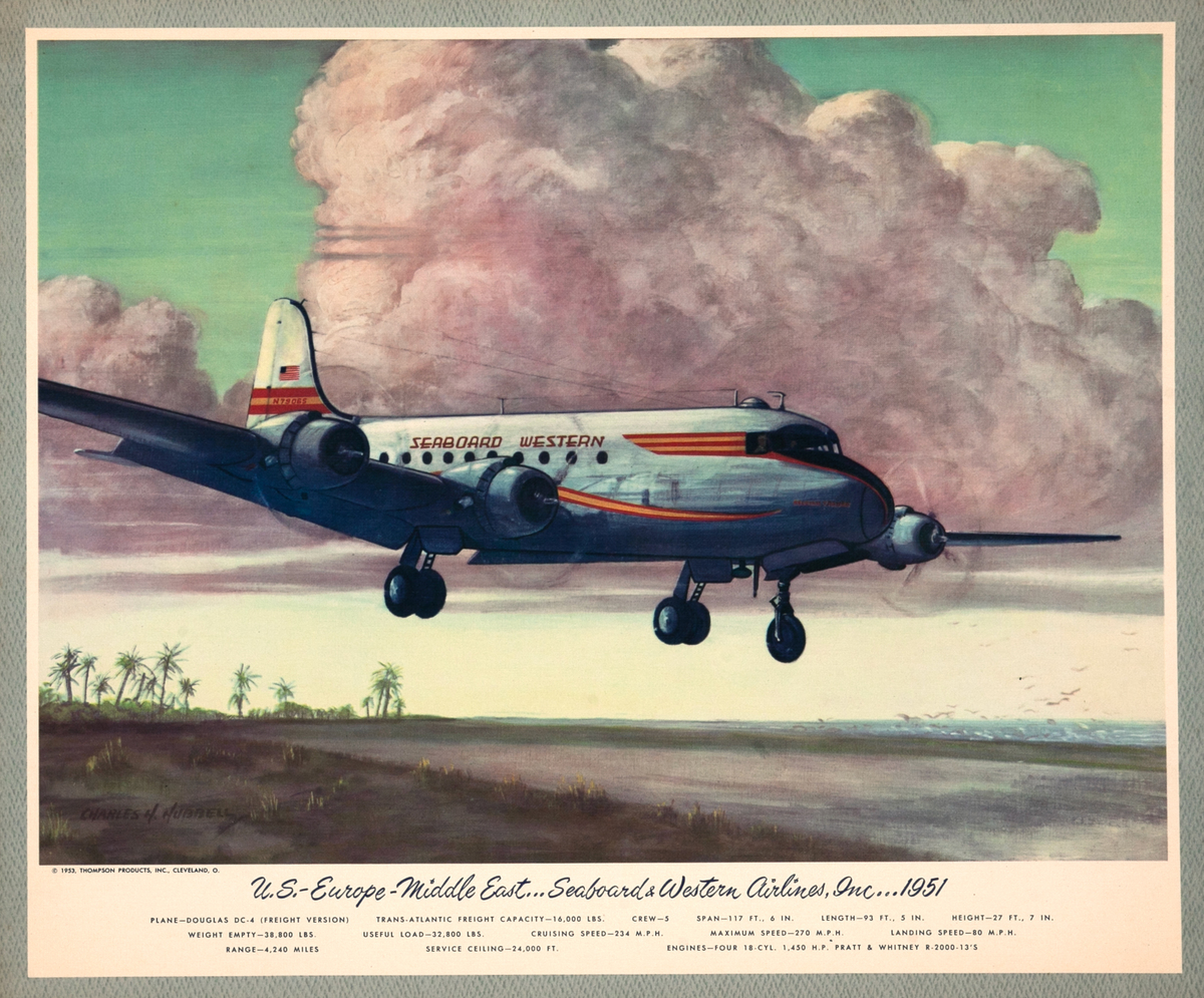 Vintgage Aviation Print U.S. Middle East Seaboard Western Airlines 1951