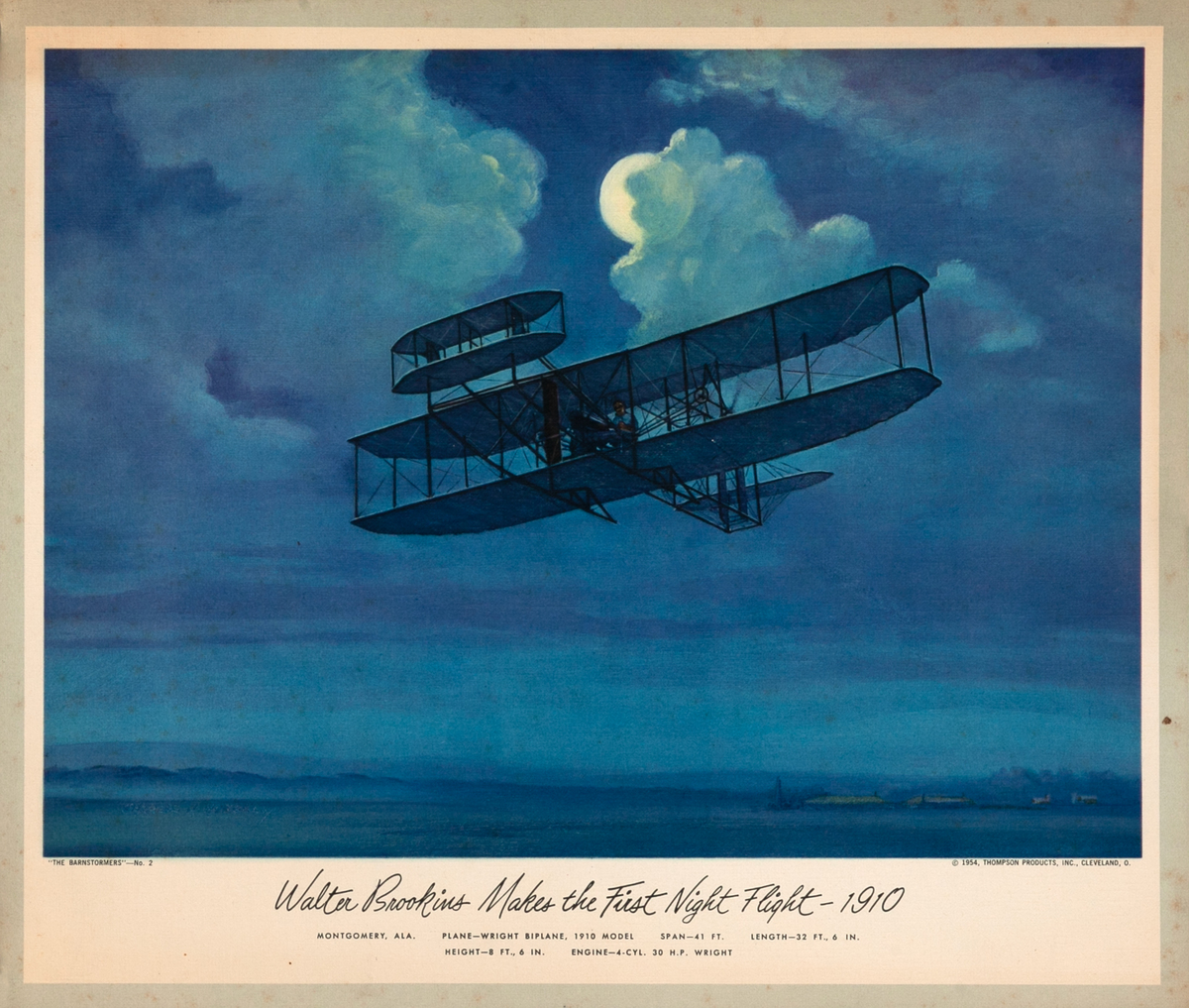 Vintgage Aviation Print Walter Brookis Makes the First Night Flight 1910