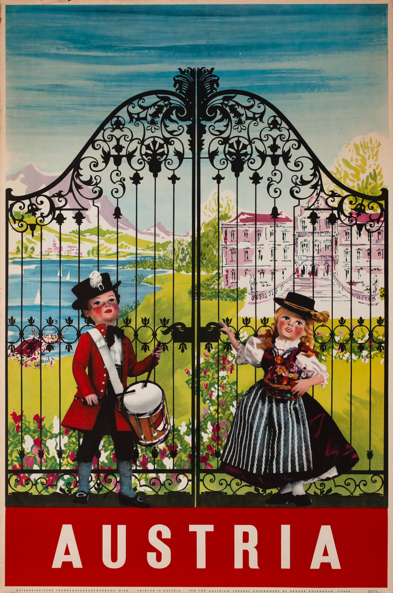 Original Vintage Austria Travel Poster Kids at Gate