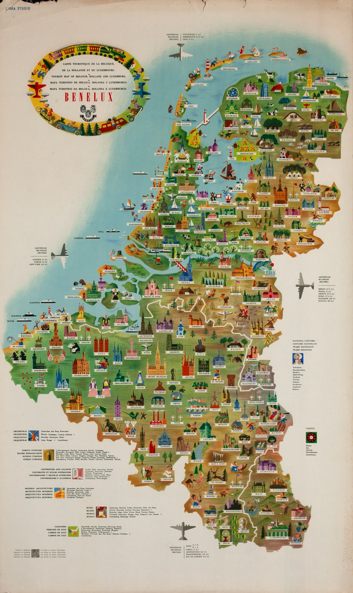 Benelux Tourist Map of Belgium, Holland, and Luxemburg Original Travel Poster