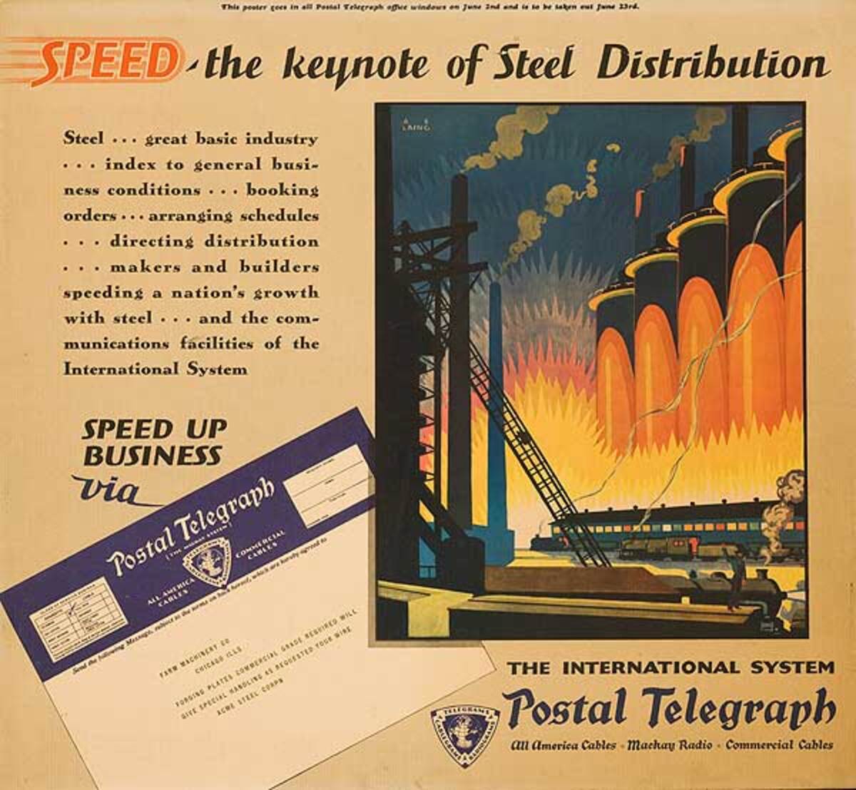 Postal Telegraph Original Vintage Poster Steel Distributers