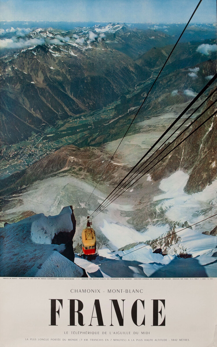 Chamonix - Mont Blanc  Original French Ski Travel Poster yellow cable car