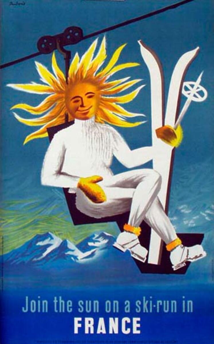 France Original Vintage Travel Poster Dubois Join The Sun On a Ski Run
